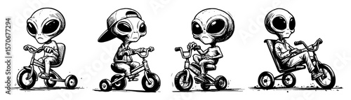 cute cartoon aliens riding tricycles vector illustration set