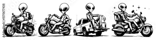 alien biker gang on motorcycles vector cartoon set