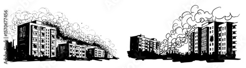 burning city blocks war disaster vector illustration