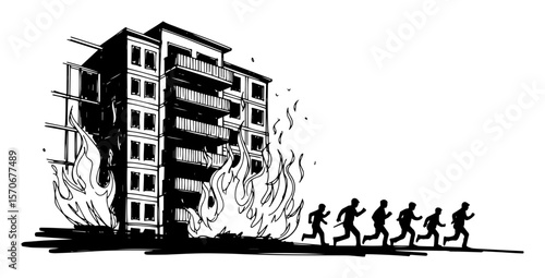 people escaping from a burning building vector illustration