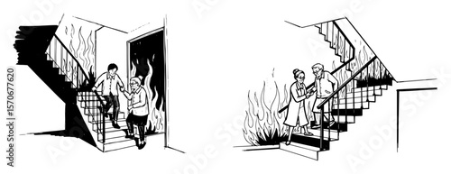 people escaping building fire on staircase sketch vector