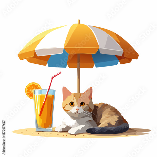 パラソルの下でくつろぐ猫