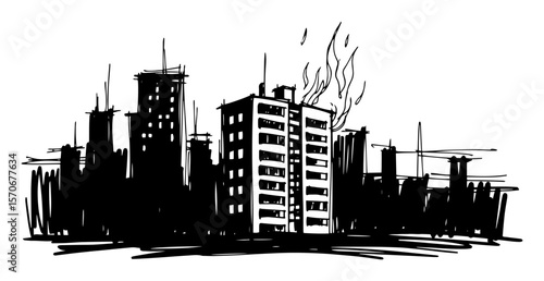 burning building in city skyline silhouette sketch vector