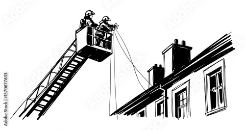 firefighters on a ladder truck rescuing from building sketch