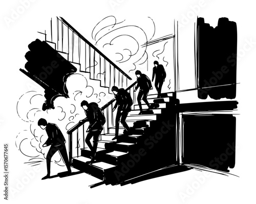 people evacuating down a smoky staircase during fire sketch