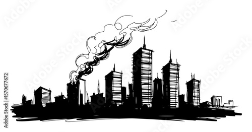 smoking city skyline after disaster sketch vector