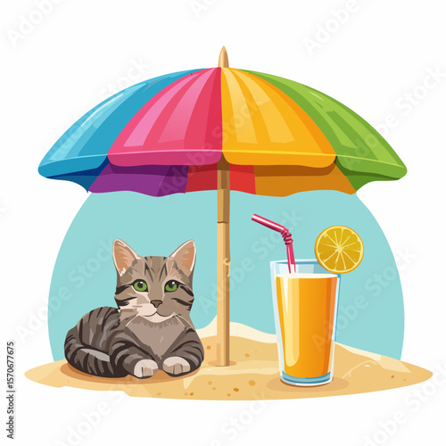 パラソルの下でくつろぐ猫