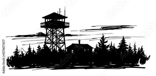 fire watchtower in forest silhouette sketch vector