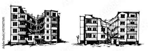 destroyed apartment building after war sketch vector illustration