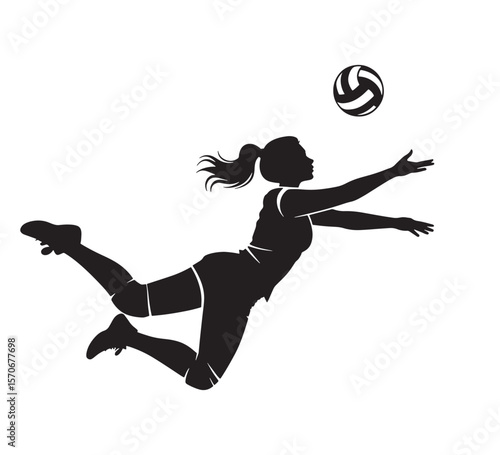 Female volleyball player silhouette diving to hit the ball during a match