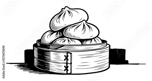 chinese dumplings in bamboo steamer sketch vector