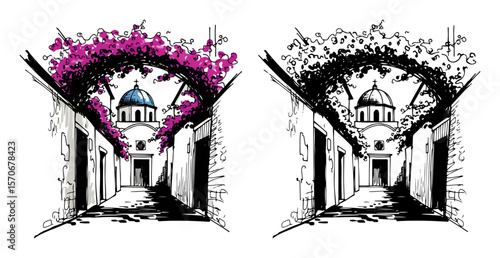 beautiful greek street with flowers sketch vector illustration