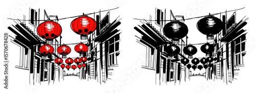 chinese street with red lanterns sketch vector illustration