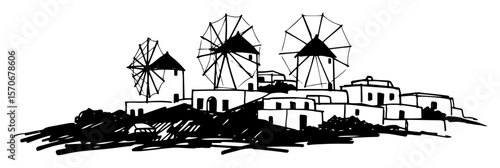 greek windmills landscape santorini mykonos sketch vector