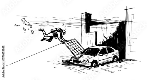 diver rescuing person from submerged car sketch vector