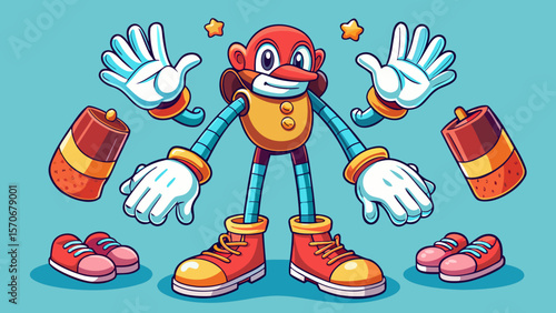 Vintage cartoon hands in gloves and feet in shoes. Cute animation character body parts. Comics arm gestures and walking leg poses vector set. Different foot movements and