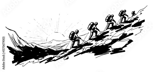 mountain climbers roped together ascending peak sketch vector