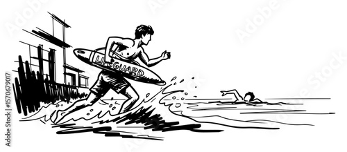 lifeguard running to rescue a drowning person sketch vector