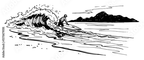 surfer riding a big ocean wave sketch vector illustration