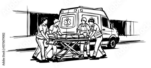 paramedics loading patient on stretcher into ambulance sketch