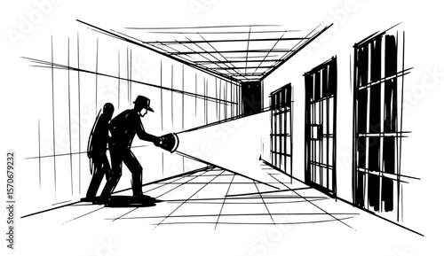 guards with flashlight searching prison corridor sketch