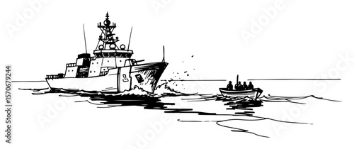 navy warship intercepting boat at sea sketch vector