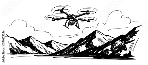 surveillance drone flying over mountains sketch vector