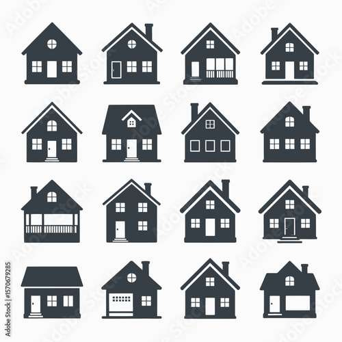 Collection of Sixteen Dark Gray House Icons Simple Home Silhouettes Various Styles Single Story Two Story Garages Porches Different Rooflines Architectural Designs Real Estate Symbols