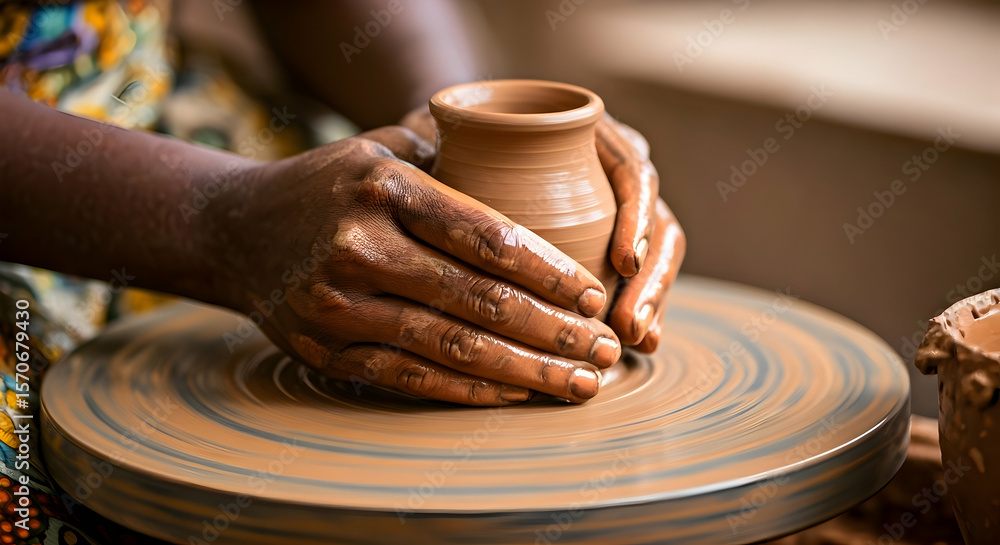 African Potter Shaping Clay on Wheel African Potter Shaping Clay on Wheel