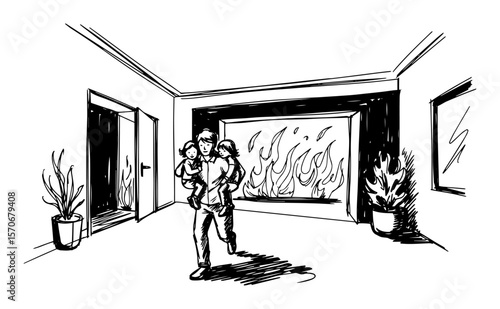 father rescuing children from house fire sketch vector