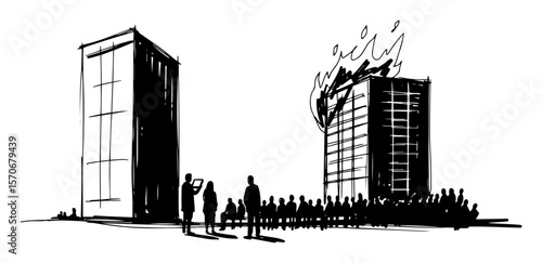 crowd watching high rise building on fire sketch vector