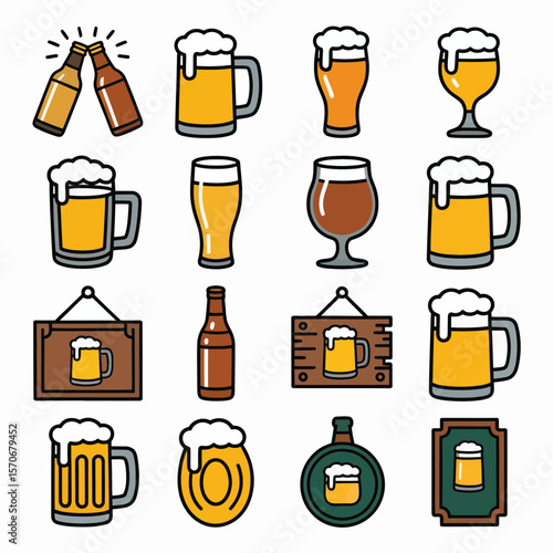 Collection of sixteen diverse beer related illustrations featuring various beer glasses mugs bottles and pub signs in yellow brown and dark brown colors outlined in black against a white