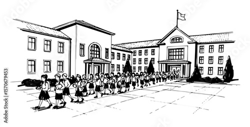 school children in uniform lining up in schoolyard sketch