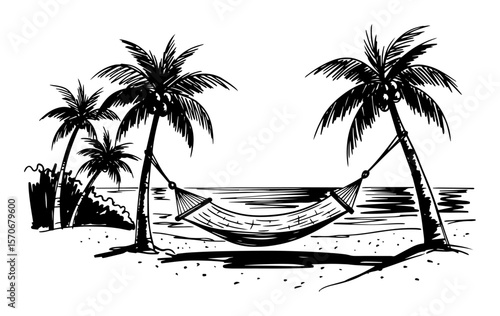 tropical beach with hammock and palm trees sketch vector