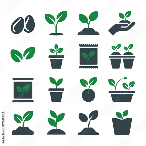 Collection of Sixteen Green and Dark Gray Seedling Icons Depicting Various Stages of Plant Growth from Seeds to Seedlings in Pots and Seed Packets Illustrating Gardening and Botany Concepts