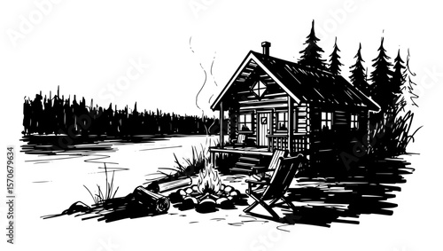 log cabin by the lake with campfire silhouette vector