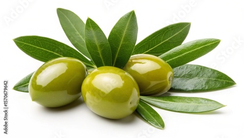 Wallpaper Mural Three Green Olives with Fresh Olive Branch: Vibrant, Healthy, and Natural Stock Photo Torontodigital.ca