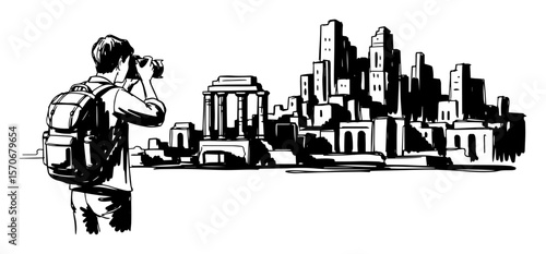 tourist with binoculars looking at city skyline sketch