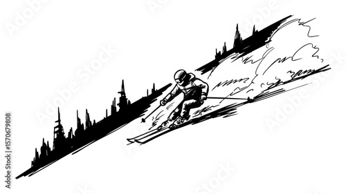 downhill skier on mountain slope winter sport sketch vector