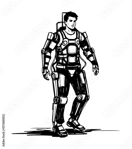 man walking in powered exoskeleton suit sketch vector