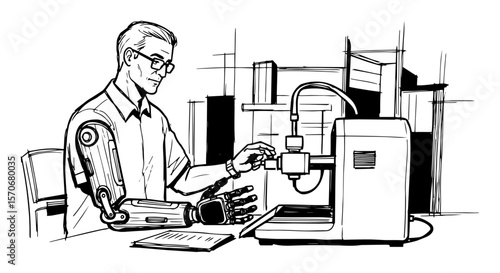 man with prosthetic arm working with technology sketch