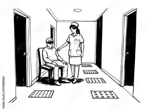 nurse helping blind man with vr rehabilitation sketch