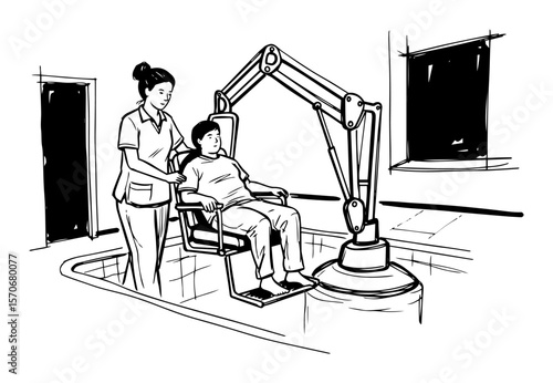 nurse assisting patient with pool lift for hydrotherapy sketch