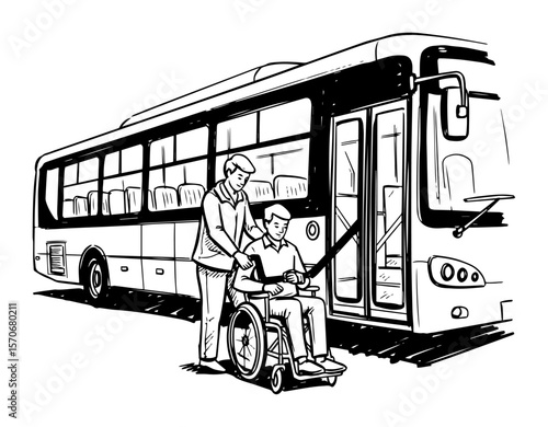 accessible bus with wheelchair ramp for disabled passenger sketch