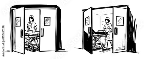 nurse pushing patient on stretcher through hospital doors sketch