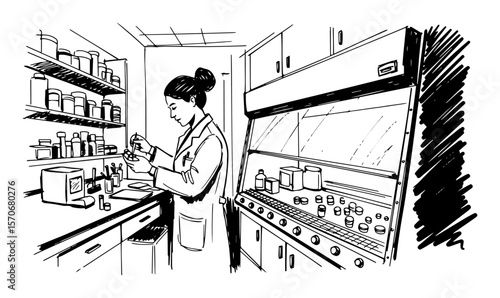 female scientist working in a research laboratory sketch