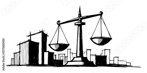 scales of justice balancing over city skyline sketch vector