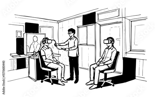 people using vr headsets for virtual reality training sketch