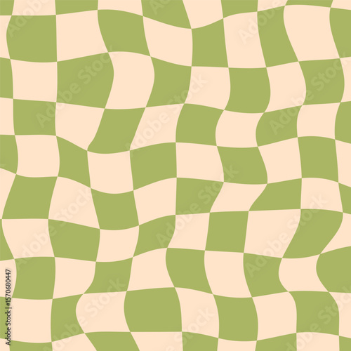 Wavy checkerboard background in green and beige tones. Retro-style distorted squares with a funky and groovy visual effect.Perfect for vintage posters, print, banners and projects with a 70s aesthetic