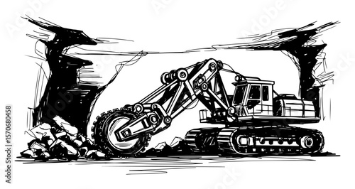 heavy excavator working in a quarry mining sketch vector